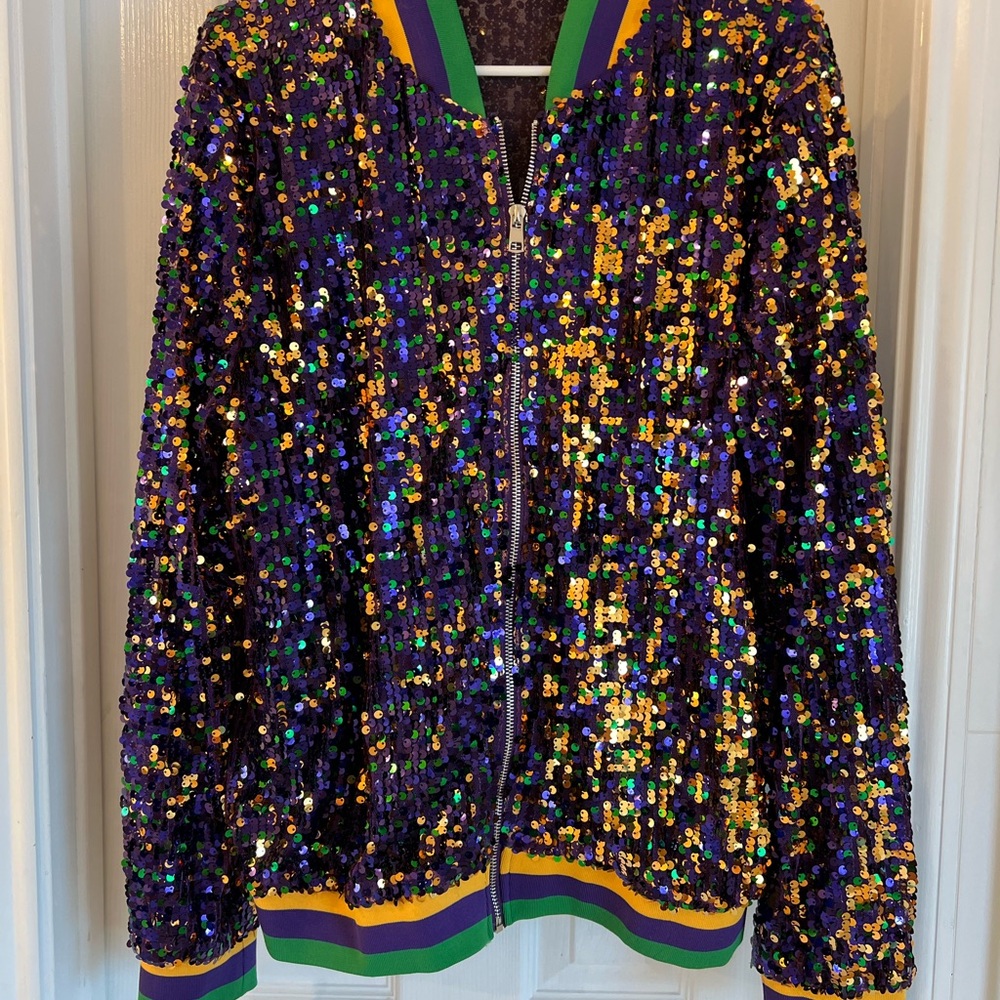 Mardi Gras Full Sequin Bomber Jacket in Purple Gold Green. XL  New w/o tags.